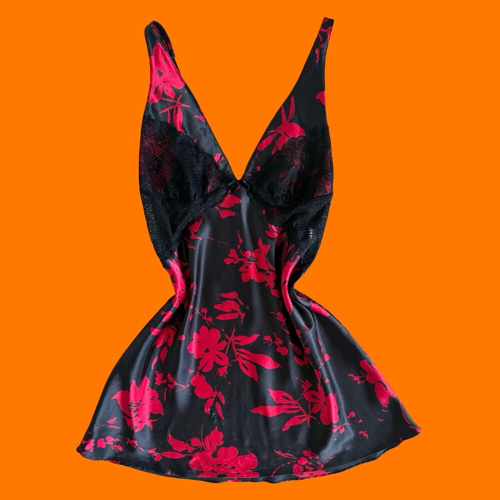 00's vintage black and red satin floral vampy y2k lingerie slip dress MEDIUM